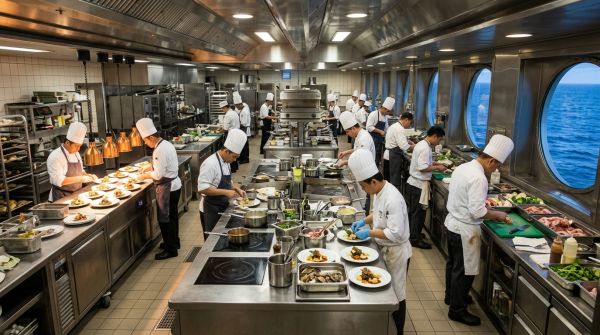 La cuisine à bord d'une croisière transatlantique